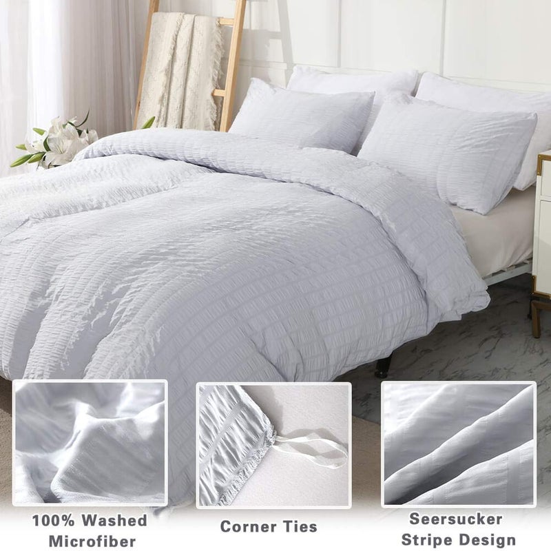 AveLom Seersucker Duvet Cover Set Queen Size (90 x 90 inches), 3 Pieces (1 Duvet Cover, 2 Pillow Cases), Light Gray Ultra Soft Washed Microfiber, Textured Duvet Cover with Zipper Closure, Corner Ties - Image 2